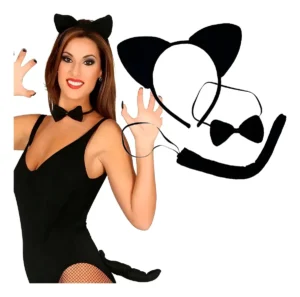 Disfraz Gato Negro Con Orejas Cola + Moño Halloween Gata