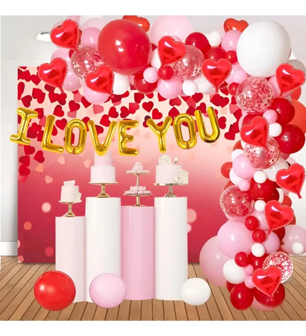 Kit Decoración Amo Corazones Globos Aniversario Rojo Rosado