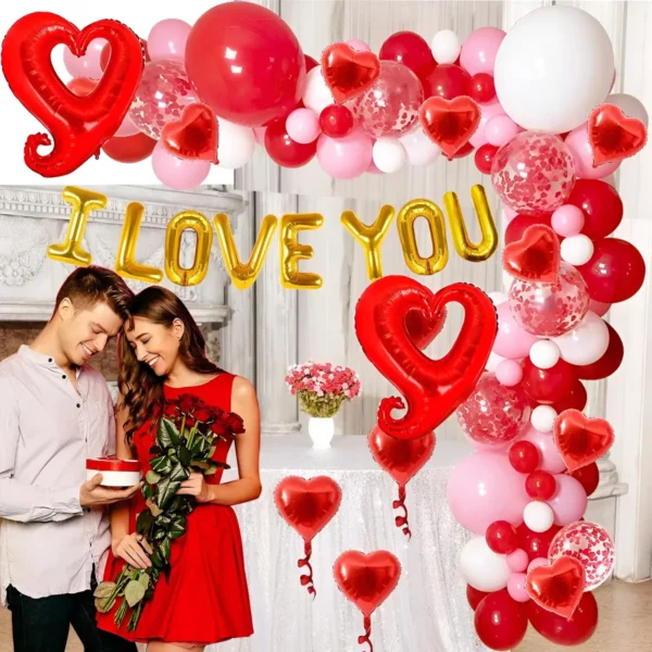 Kit Decoración Amo Corazones Globos Aniversario Rojo Rosado