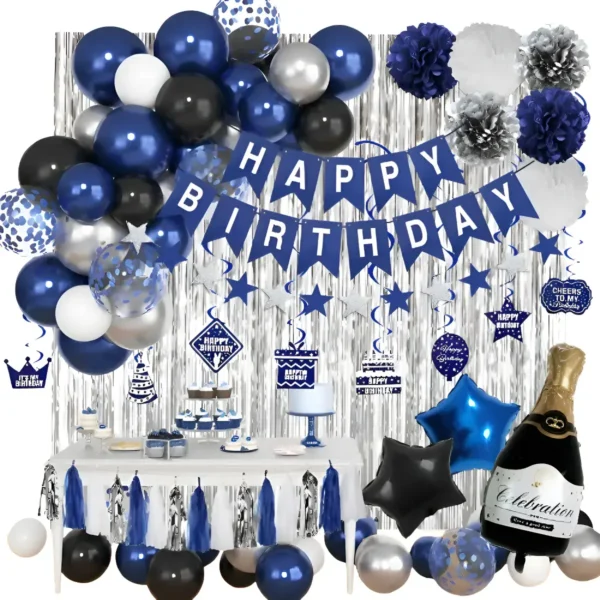 Decoración Cumpleaños Azul Plateado Para Hombre O Niño