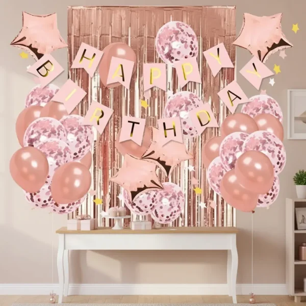 Kit Set Decoración Oro Rosa Cumpleaños Cortinas Bombas Guirnaldas