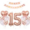 Kit Set Decoración 15 Años Cumpleaños Oro Rosa Bombas Numero