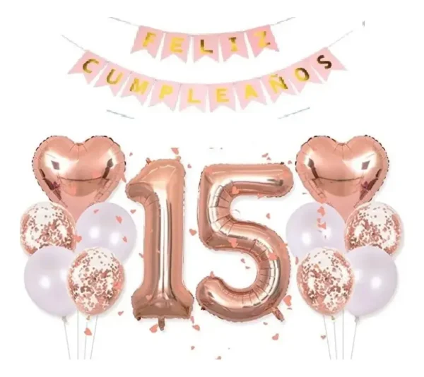 Kit Set Decoración 15 Años Cumpleaños Oro Rosa Bombas Numero