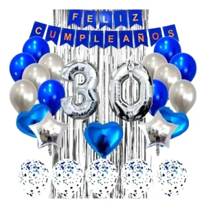 Kit Decoración Cumpleaños Azul Globos Metalizados y Latex 24 Piezas Premium