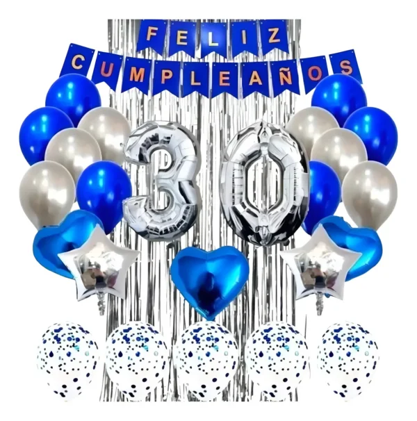 Kit Decoración Cumpleaños Azul Globos Metalizados y Latex 24 Piezas Premium