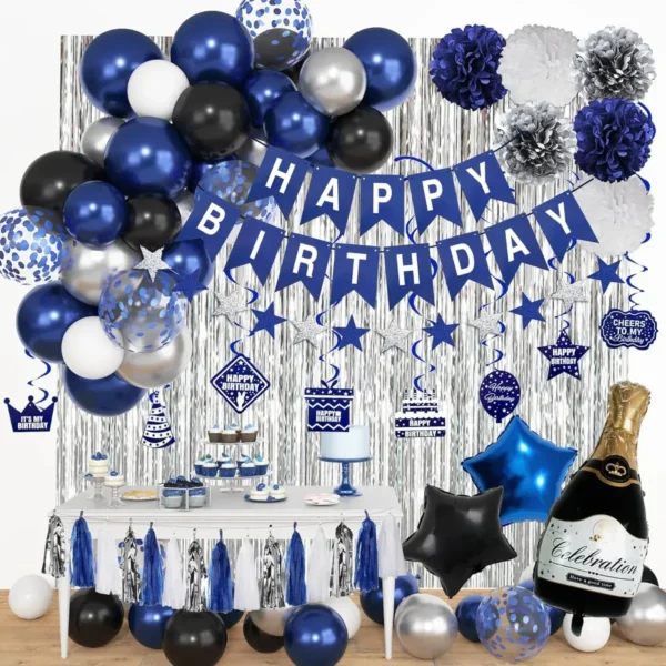 Decoración Cumpleaños Azul Plateado Para Hombre O Niño