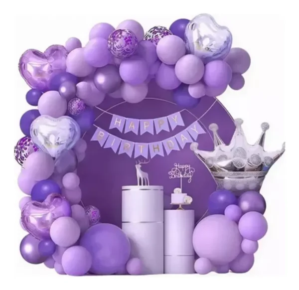 Decoración Arco Globos Morado Corona Fiesta Cumpleaños