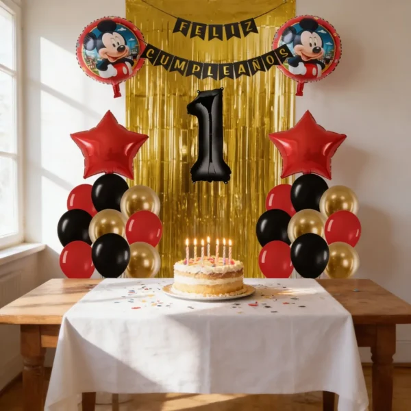 Kit Decoración Cumpleaños Mickey Mouse Cortina Rojo Dorado