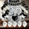 Kit Decoración Feliz Cumpleaños Bombas Plata Y Negro + cortina