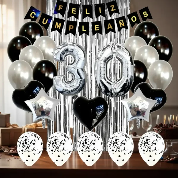 Kit Decoración Feliz Cumpleaños Bombas Plata Y Negro + cortina