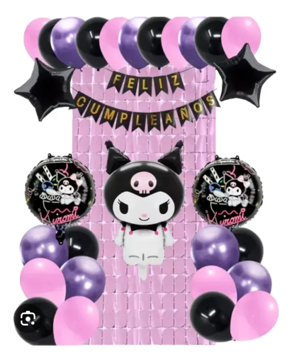 Kit Decoración Kuromi Arco De Globos + cortina Cuadrados