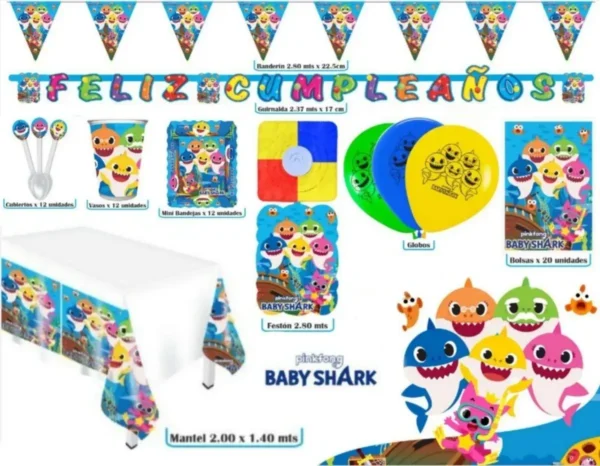 Kit Baby Shark Tiburón Mar Marino Vasos Platos Globos x24 invitados