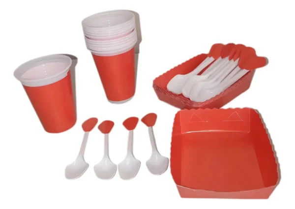 Kit Vasos + platos + cubiertos 24 Invitados Unicolor Rojo