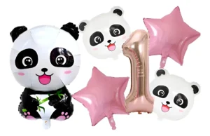Bouquet globos metalizados Osito Panda 5 piezas Premium + número para fiestas y eventos