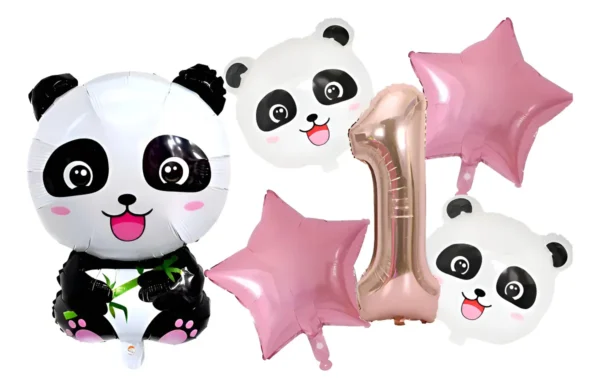 Bouquet globos metalizados Osito Panda 5 piezas Premium + número para fiestas y eventos