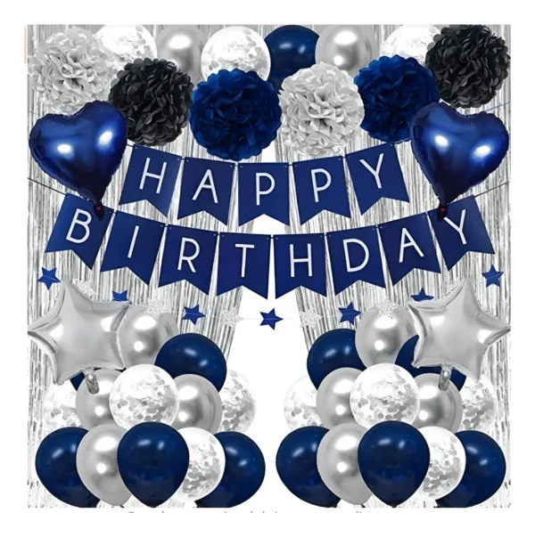 Kit Decoración Cumpleaños Globos Plateados Azules Cortina Metalizada