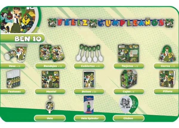 Kit Fiesta Ben 10 Héroe Cumpleaños Vela Mantel Vaso Plato
