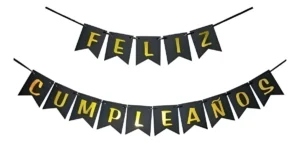 Banderin Feston Feliz Cumpleaños Negro Mate Letras Doradas Color