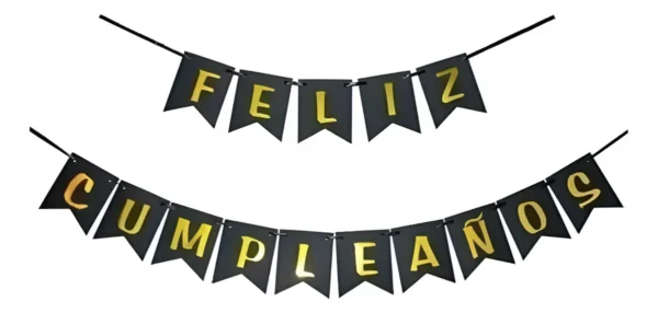 Banderin Feston Feliz Cumpleaños Negro Mate Letras Doradas Color