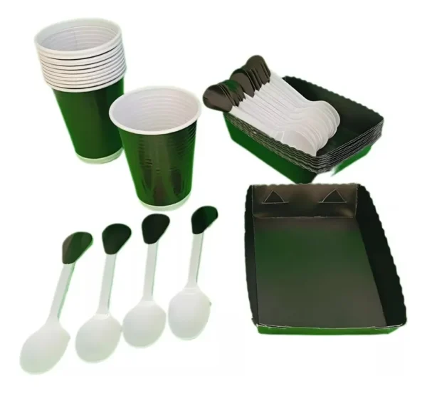Kit Decoración Negro Unicolor X36 Vasos + Platos + Cucharas