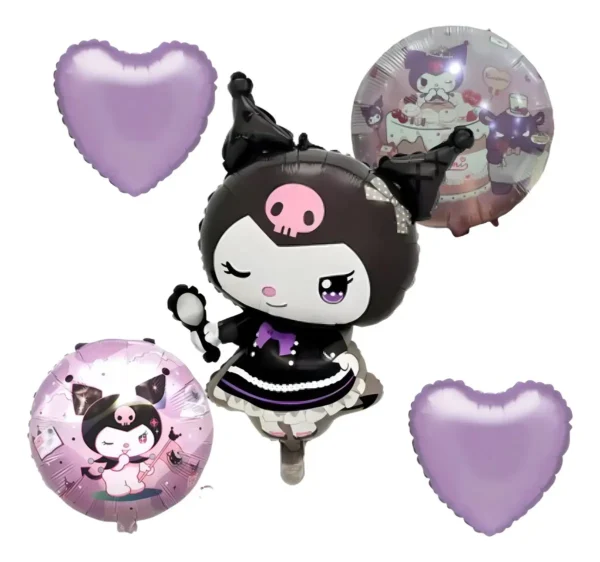Set Bouquet Globos Kuromi Premium 65cm Y Metalizados 45cm Púrpura