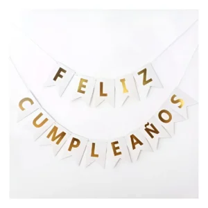 Banderin Feston Feliz Cumpleaños Blanco Mate Letras Doradas Color