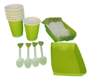 Kit Vasos+bandejas+cubiertos Unicolor Verde 12invitados