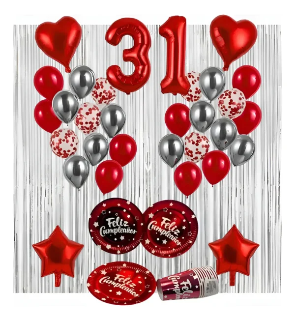 Kit Decoración Globos Vasos Platos Rojos Cumpleaños Número