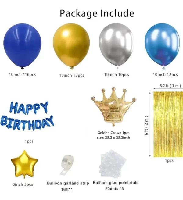 Kit Globos Fiesta Cortina Cumpleaños Azul Dorado Plateado