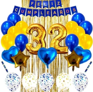 Kit Decoración Feliz Cumpleaños Bombas Dorado Y Azul+cortina