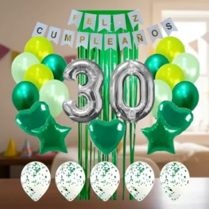Kit Decoración Feliz Cumpleaños Bombas Verdes + cortina + número