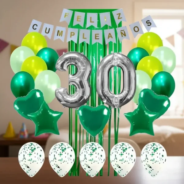 Kit Decoración Feliz Cumpleaños Bombas Verdes + cortina + número