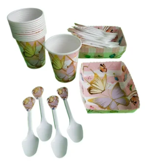 D_NQ_NP_2X_724651-MLA95061238524_102025-F Kit Decoración Fiesta Cumpleaños Mariposas Cartón 24 Vasos 20 Cucharas