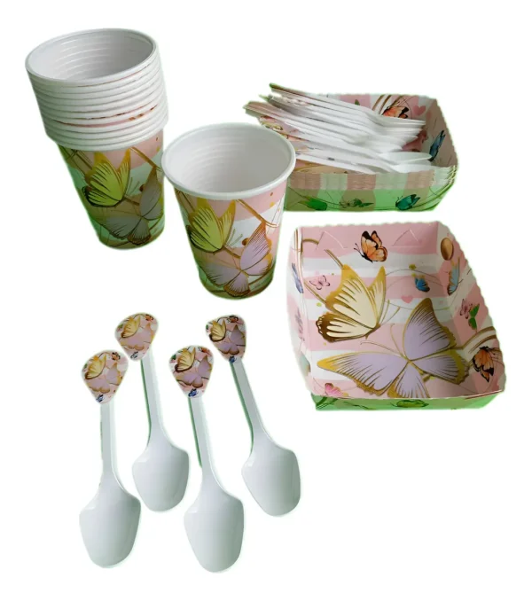 Kit Decoración Fiesta Cumpleaños Mariposas Cartón 24 Vasos 20 Cucharas