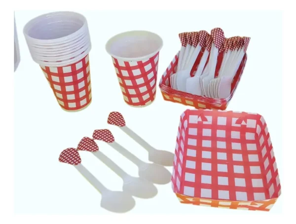 Kit Decoración Picnic Rojo X24 Vasos + Platos + Cucharas