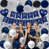 Kit Decoración Cumpleaños Globos Plateados Azules Cortina Metalizada
