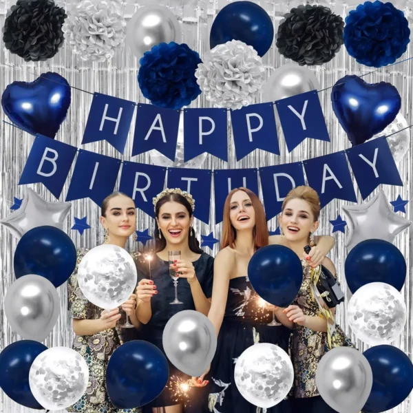 Kit Decoración Cumpleaños Globos Plateados Azules Cortina Metalizada