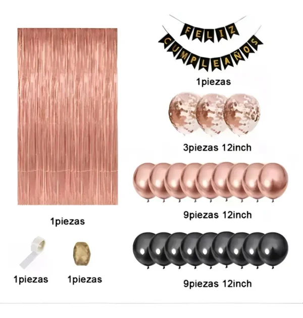 Kit Decoración Para Fiesta Cumpleaños Oro Rosa Y Negra