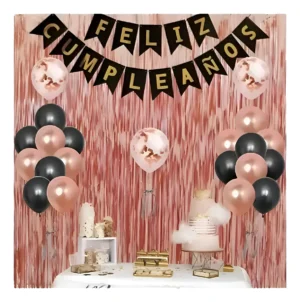 Kit Decoración Para Fiesta Cumpleaños Oro Rosa Y Negra
