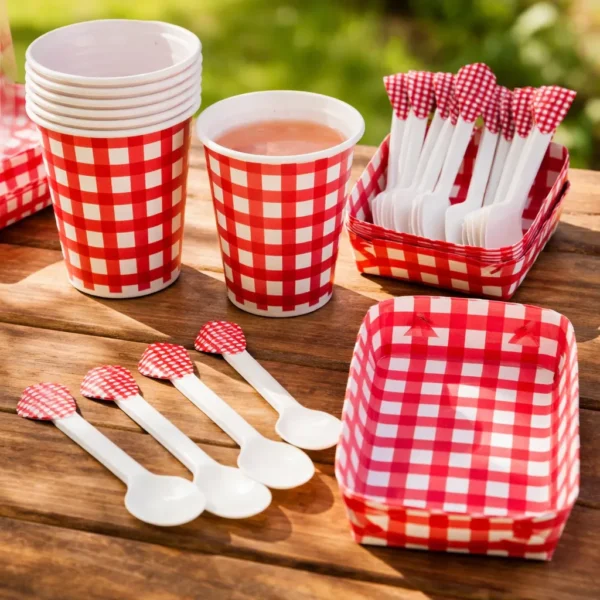 Kit Decoración Picnic Rojo X24 Vasos + Platos + Cucharas