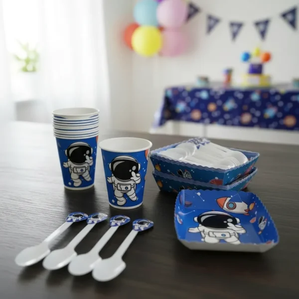 D_NQ_NP_2X_740792-MLA107035036053_022026-F Kit Decoración Astronauta X24 Vasos + Plato + Cuchara