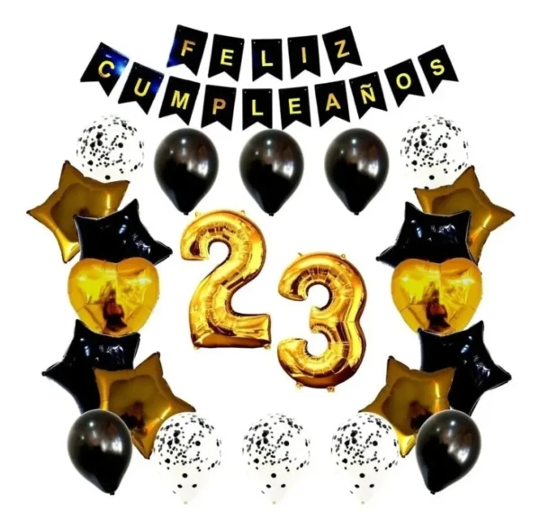Kit Decoración Feliz Cumpleaños Bombas Dorado Y Negro + número