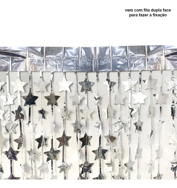 Cortina metálica con forma de estrella con flecos, 2 paneles para fiestas de cumpleaños, color plateado