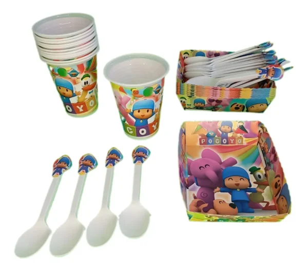 Kit Decoración Cumpleaños Pocoyo Premium 12 Niños 20 Cucharas 12 Vasos 12 Bandejas