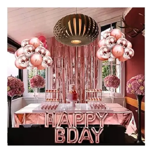 Kit Decoración Rosa Happy Birthday Cortinas Bombas Guirnalda