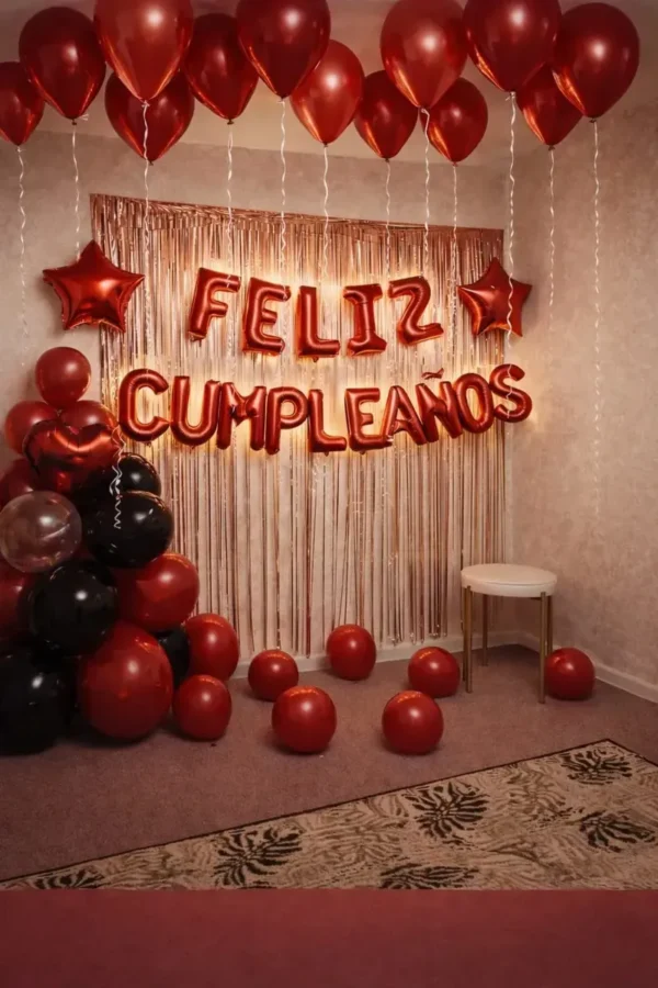 Kit Decoración Cumpleaños Rojo Y Negro Luz Led Cortina