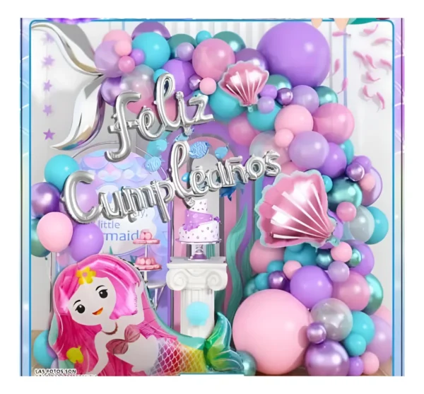 Kit Arco Globos Sirenita Ariel + feliz Cumpleaños + cola Sirena