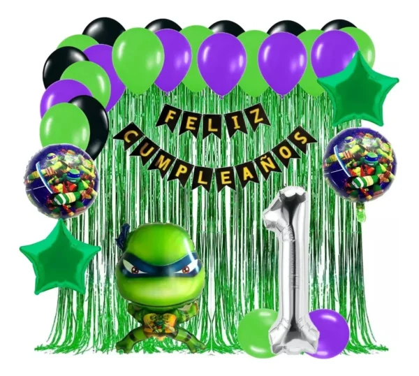 Kit Globos Tortugas Ninjas Cumpleaños Cortina Verde Niño