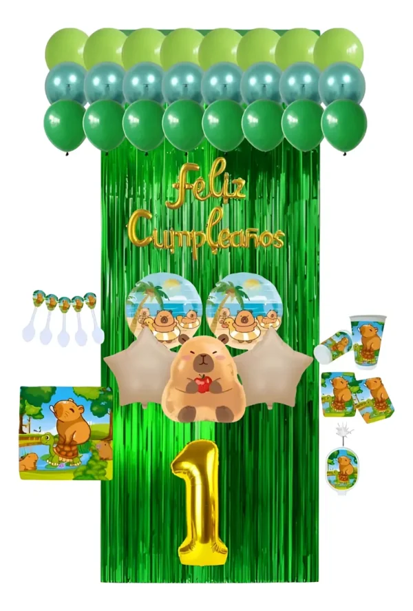 Kit Decoración Verde Temática Capibara + número A Elección