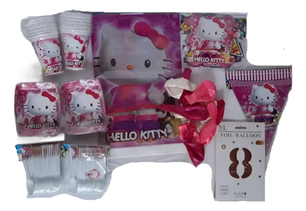 Kit Decoración Hello Kitty 12 Niños Bombas + numero 70cm + mantel